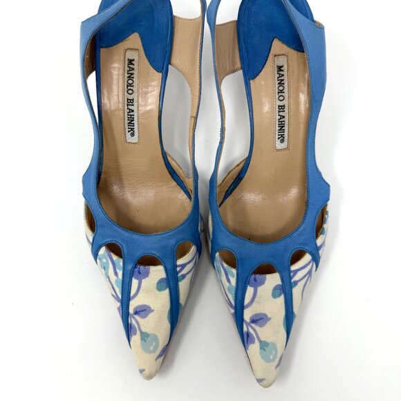 MANOLO BLAHNIK CANVAS CUTOUT ACCENT SLINGBACK PUMPS WOMENS SIZE 8.5 (38.5 EURO) - Picture 2 of 6